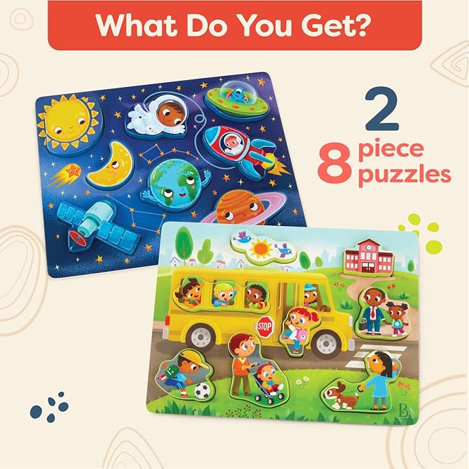 B. toys- Peek & Explore 2-Pack - Outer Space & School Bus- Chunky Puzzle Pack – Puzzles for Toddlers, Kids- 8 Pieces Each – 2 Years +