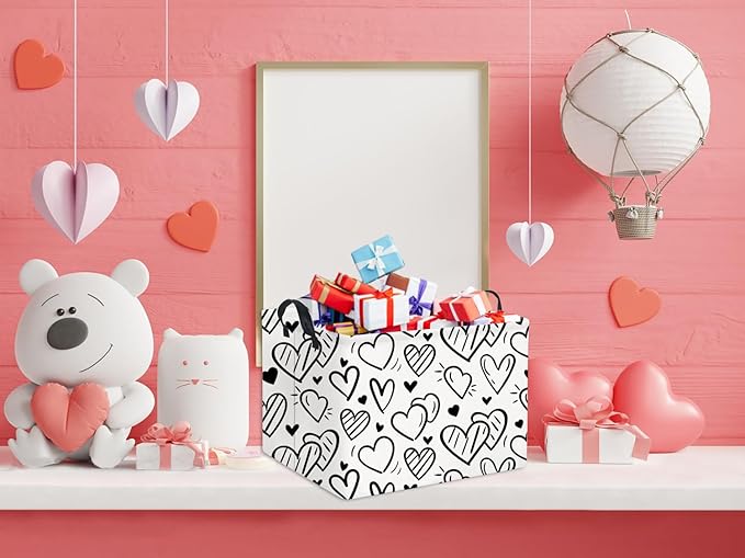 HIYAGON Rectangular Heart Basket Kids Baby Storage Bin Toy Basket Organizer Box for Girls Love Room Decor(Black Striped Heart)