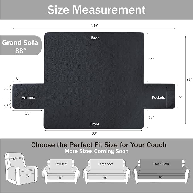 Quilted Grand Sofa Covers Washable, Couch Cover for Grand Sofa, Soft Cozy Couch Protector for 4 Cushion Couch, Oversized Grand Sofa Slipcovers Water-Repellent (Grand Sofa 88", Blue Gray)