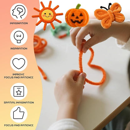 Orange Pipe Cleaners Crafts,100pcs Chenille Stem,DIY Arts and Crafts Supplies for Halloween/Christmas Room Decor Indoor,Art Supplies for Kids,Stem Toys for Ages 5-7,Teen Girl Gifts,Handmade Flower