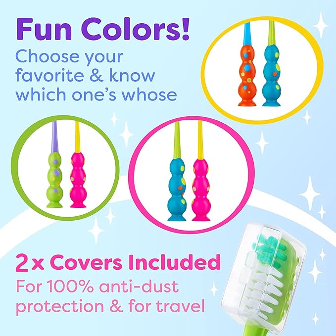 Trueocity Kids Toothbrush 2 Pack - Soft Contoured Bristles - Child Sized Brush Heads (3-10 Year Old) - Suction Cup for Fun & Easy Storage - Girl & Boy Set (2-Pack, Multi-Color)