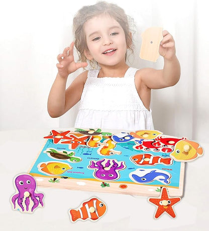 Wooden Peg Puzzles for Toddlers 2 3 4 Years Old, Kids Educational Preeschool Peg Puzzles Toy, 3 Pcs Toddler Puzzles Set - Traffic, Animals and Ocean, Great Gift for Girls and Boys (First Edition)