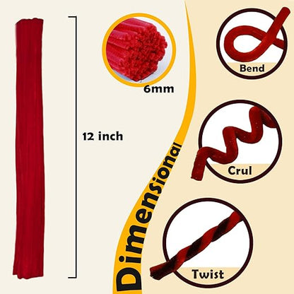 Red Color Trio Pipe Cleaner Set - 300pcs, Thick Fluffy Chenille Stems for Arts & Crafts, Perfect for Making Animals, Flowers, and Festive Decorations(12 inches x 0.24 inches)