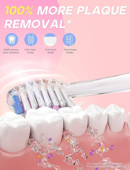 SEAGO Kids Electric Toothbrush with 2 Mins Brushing Timer and 8 Replacement Bursh Heads,Rainbow LED Light Make Brushing Fun, Pink Color Girls Battery Powerd Toothbrush for 4-12 Years Old