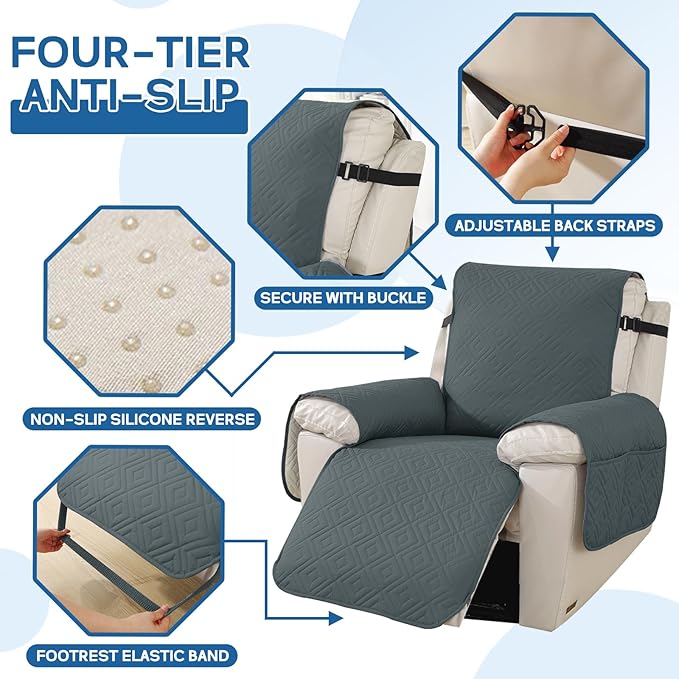 XINEAGE 100% Waterproof Recliner Cover, Non Slip Recliner Chair Cover with Elastic Band, Washable Recliner Slipcover with Storage Pockets for Kids, Pets (Dark Gray, 30")