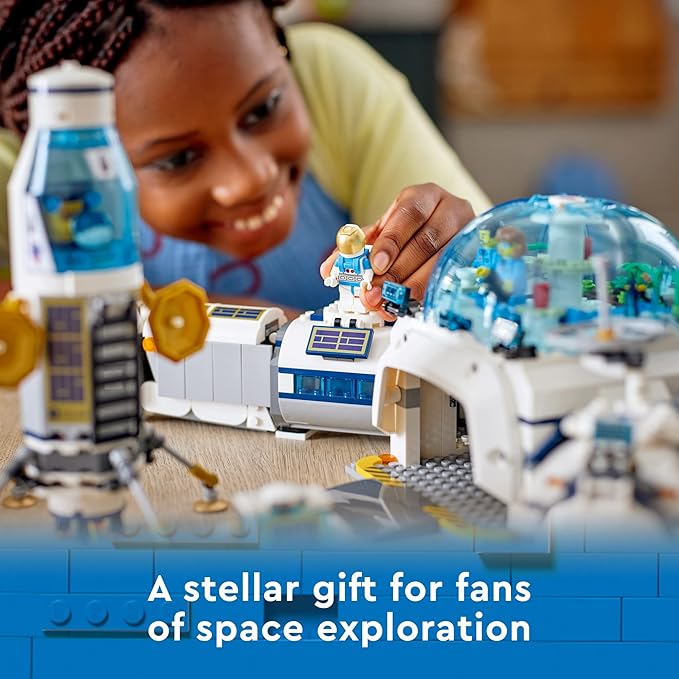 LEGO City Lunar Research Base Outer Space Toy for Kids who Love Space 60350, NASA Inspired Lunar Lander, Rover and Moon Buggy with 6 Astronaut Minifigures, Ages 7 Plus