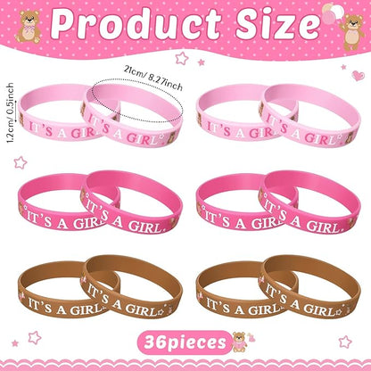 Zomiboo 36 Pieces Baby Shower Rubber Bracelets, It's a Boy It's a Girl Wristbands Elephant Baby Shower Decorations for Boy Girl Baby Shower Party Favor Gender Reveal Party Supplies (Pink Bear Style)