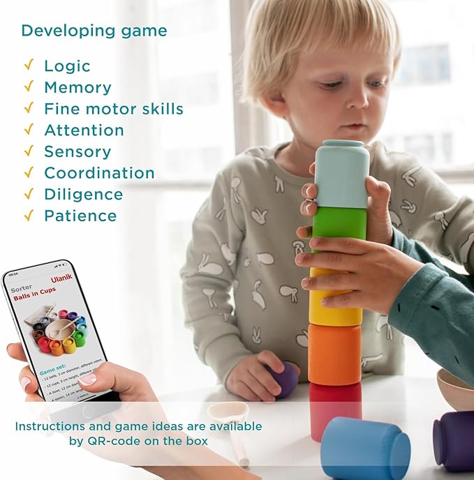 Ulanik Balls in Cups Toddler Montessori Toys for 1 Year Old + Kids Preschool Wooden Matching Games for Learning Color Sorting and Counting