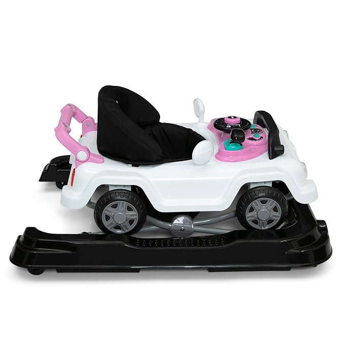 Jeep Classic Wrangler 3-in-1 Grow with Me Activity Walker - Features Music, Lights, Removable Play Tray, Push Walker Mode, Converts into Rolling Car Toy, White/Pink