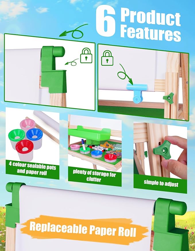 JOYOOSS Easel for Kids Art Easel Kids Easels for Toddlers,Wooden Kid Easel with Paper Roll - Adjustable Magnetic Double Sided Kids Dry Erase Board, Art Easel for Toddlers Outdoor Easel for Kids Green