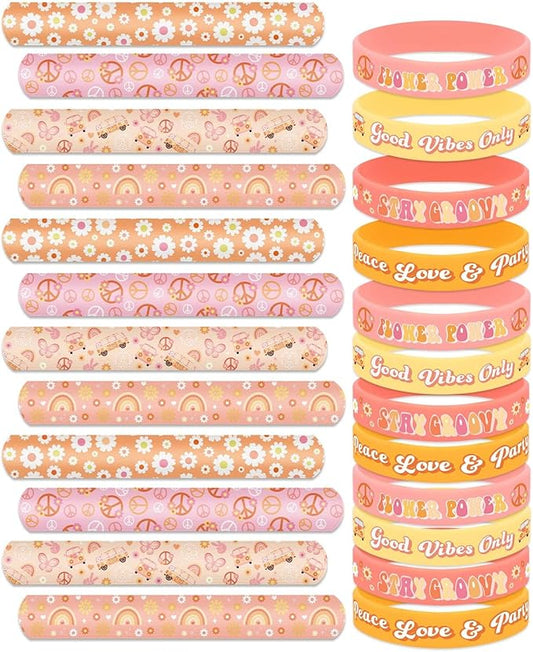 Sinasasspel Groovy Party Favors Set for Kids Adults Hippie Boho Silicone Bracelets Slap Bracelets Assortment Hippie Party Supplies Daisy Birthday Decorations(24 Count)