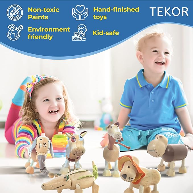 TEKOR Bendable Wooden Animal Toys (Set of 12) | Ages 3 & up | Fun & Posable Animals for Toddlers | Preschool Montessori Toys | Smooth Natural Wood | Endless Play for Girls & Boys