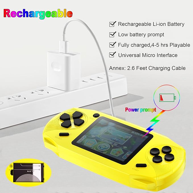 16 Bit Handheld Games for Kids Adults 3.0'' Large Screen Preloaded 100 HD Classic Retro Video Games USB Rechargeable Seniors Electronic Game Player Birthday Xmas Present (Yellow)