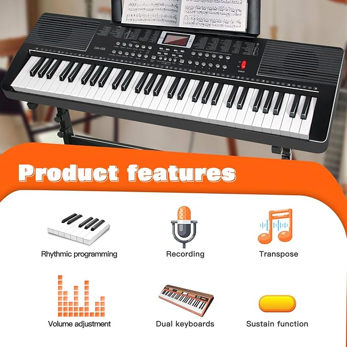 AQNIEGEP 61 Key Electric Keyboard Piano for Beginners w/Light-Up Keys, Gifts, Full Set: Stand, Bench, Headphones, Padded Bag, Note Stickers, 70 Demos, 200 Rhythms/Tones, LED Display