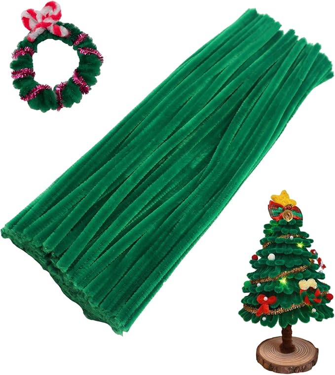 Swpohrat 100 Pieces Dark Green Pipe Cleaner Craft Set,Thick Fuzzy Chenille Stem Pipe Cleaners for DIY Craft Projects and Decorations
