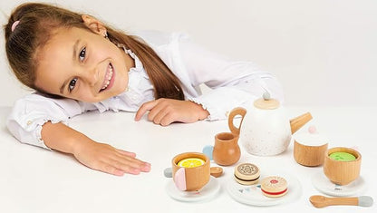 Small Foot Wooden Toys-Premium 17 Piece Toy Tea Playset- Deluxe Play Pretend Food Set Includes Tea Pot, Cookies, Plates and Teacup-Ideal for Toddlers 3+