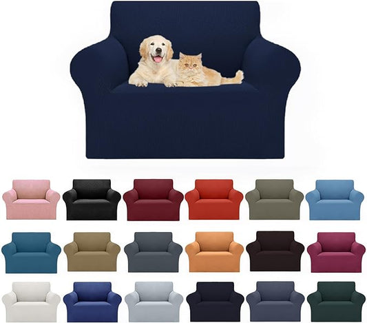 2025 New Stretch Chair Sofa Slipcovers Couch Cover for 1 Seater Furniture Protector Sofa Covers with Elastic Bottom Jacquard Fabric Small Checks for Pets, Kids - Navy