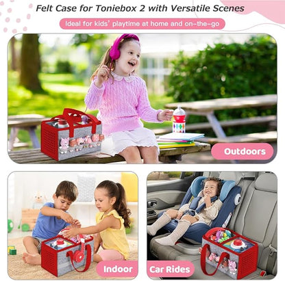 PISOSN Carrying Case for Toniebox Starter Set and Tonies Figurines, Travel Felt Cloth Musical Toy Folding Bag for Toniebox 2 & Accessories (Red)