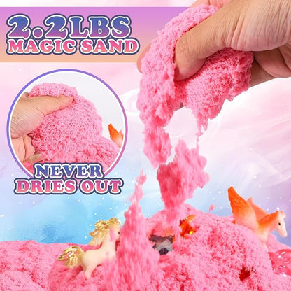GAIETYDIY Unicorn Magic Sand Kit for Girls, Sensory Bins for Toddlers with LED Light, 2.2lbs Sensory Sand, Castle Decoration, Sandbox with lid, Unicorn Play Set, Beach Toy Gift for Kids 3 4 5 6 7 8…