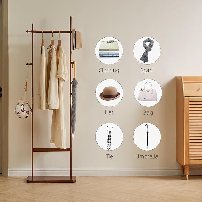 Coat Rack Tree Stand with Very Sturdy Base, Freestanding Small Clothes Rack Heavy Duty, Garment Hanging Racks for Kids and Adults, Space Saving Brown USYD-203