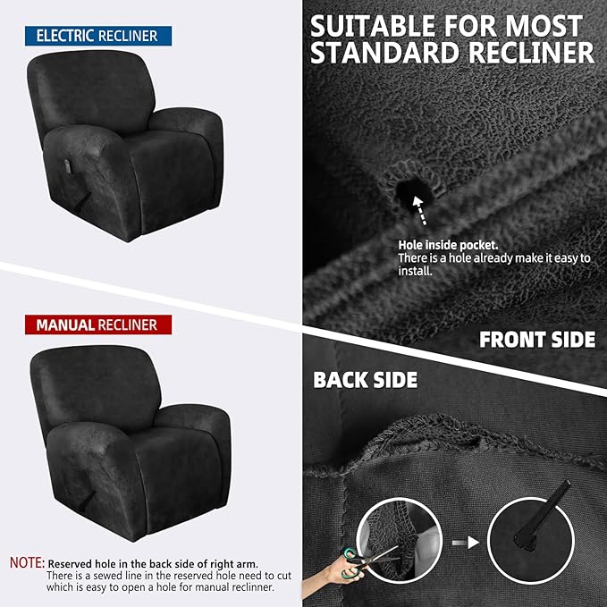 molasofa Recliner Chair Covers - 4 Pieces Leather Like Large Recliner Chair Covers with Pocket Waterproof Non Slip Stretch Recliner Slipcover for Lazy Boy Recliner Chair Washable (Dark Grey)