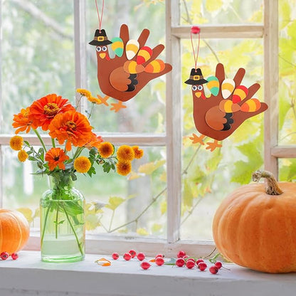 ShinyRelief 24 Sets Thanksgiving Craft Kit Fall Handprint Turkey Making Kit Hanging Art and Craft 5.9 Inch for Thanksgiving Party Game