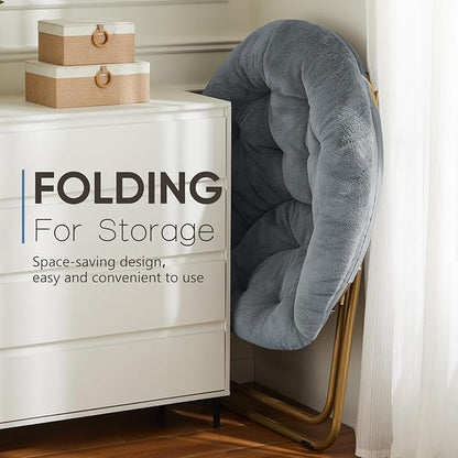 DUMOS Comfy Saucer Chairs, Faux Fur Lounge Bedroom Living Room Flexible Folding Seating for Kids Adults Soft Padded Metal Frame Modern for Home Office Grey