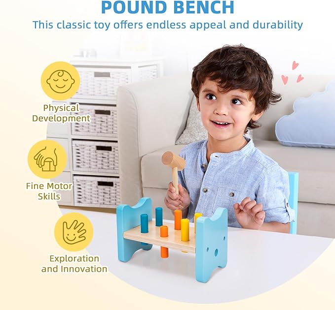 Montessori Educational Toys for 18 + Months, 6 in 1 Learning Toys Set for Toddlers Wooden Toy Present (Pattern Pegs, Pound Bench, Lacing Beads, Magnetic Animal Puzzle, Picture Book)