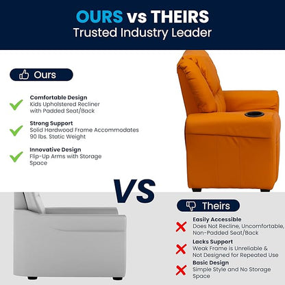 Flash Furniture Vana Vinyl Kids Recliner with Cup Holder, Headrest, and Safety Recline, Contemporary Reclining Chair for Kids, Supports up to 90 lbs., Orange