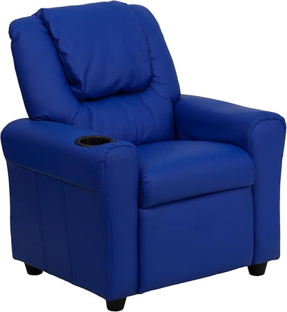 Flash Furniture Vana Vinyl Kids Recliner with Cup Holder, Headrest, and Safety Recline, Contemporary Reclining Chair for Kids, Supports up to 90 lbs., Blue