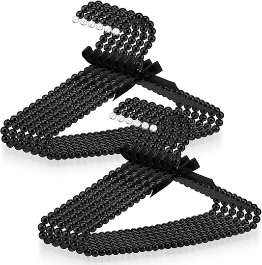 Threan Pearl Beaded Clothes Hanger Mini Pearl Beads Small Metal Clothes Hangers with Ribbon Standard for Kids Baby Children Pet Dog(Black,12 Pcs)