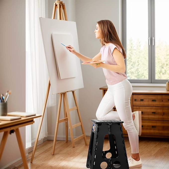 ACKO Folding Step Stool Foldable 17.5 Inch Stool 400 lbs Capacity,Plastic Stools for Adults and Kids,Collapsible Stool for Kitchen, Stepping Stool with Handle(Black)