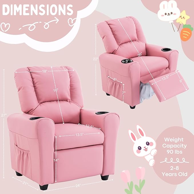 Candy Kids Reclining Chair Leather Recliner Sofa Toddler Youth Children Child Ages 1-6