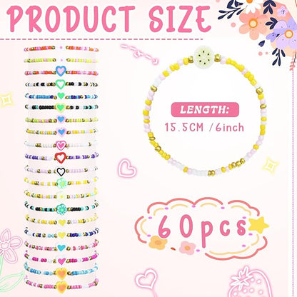 60 pcs Colorful Kids Friendship Bracelet Sets, Stackable Elastic Cute Beaded Bracelets Princess Pretend Play Bracelet Preppy Bracelets Bulk Set for Women Gift