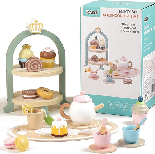 Wooden Tea Party Set for Little Girls Kids with Cupcake Stand & Dessert Food Pretend Play Afternoon Tea Toys Wood Kitchen Toy for 3 4 5 6 Year Old Toddlers Boys Birthday Gift