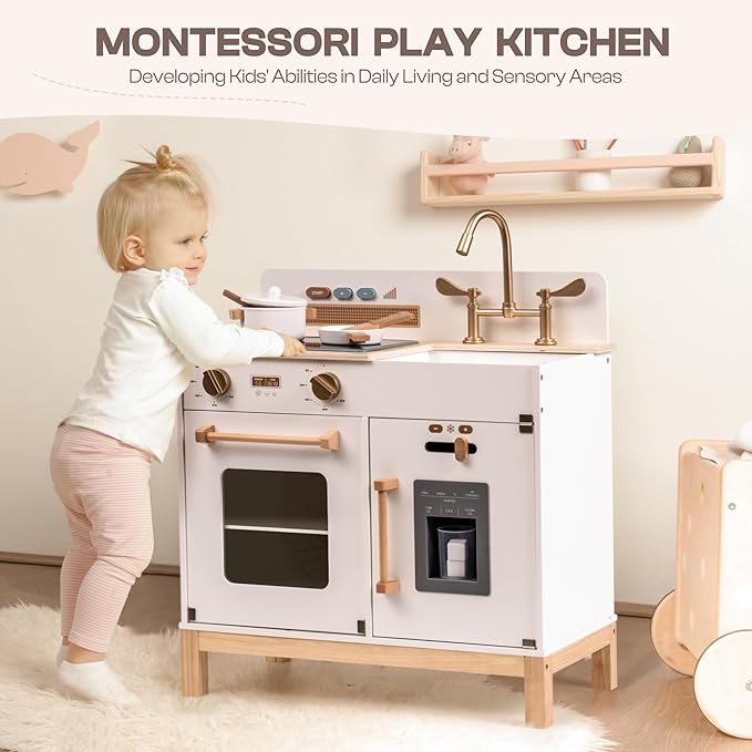 ROBOTIME Play Kitchen for Toddlers, Wooden Kids Play Kitchen Playset with Real Lights & Sounds/Ice Cube Dispenser, Pretend Play Toy Kitchen, Gift for Ages 3+ (White)