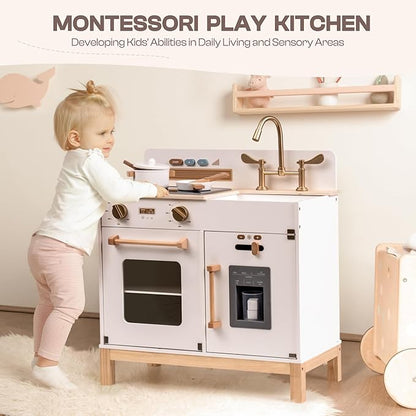 ROBOTIME Play Kitchen for Toddlers, Wooden Kids Play Kitchen Playset with Real Lights & Sounds/Ice Cube Dispenser, Pretend Play Toy Kitchen, Gift for Ages 3+ (White)