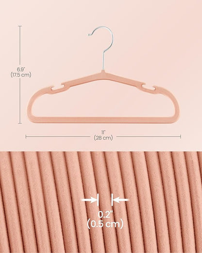 SONGMICS Baby Hangers 50 Pack, 11 x 6.9 Inches, Kids Hangers for Closet, Non-Slip Velvet Hangers, Childrens Hangers, Space-Saving Clothes Hangers, Wide Shoulder Notches, Coral Pink UCRF037R01