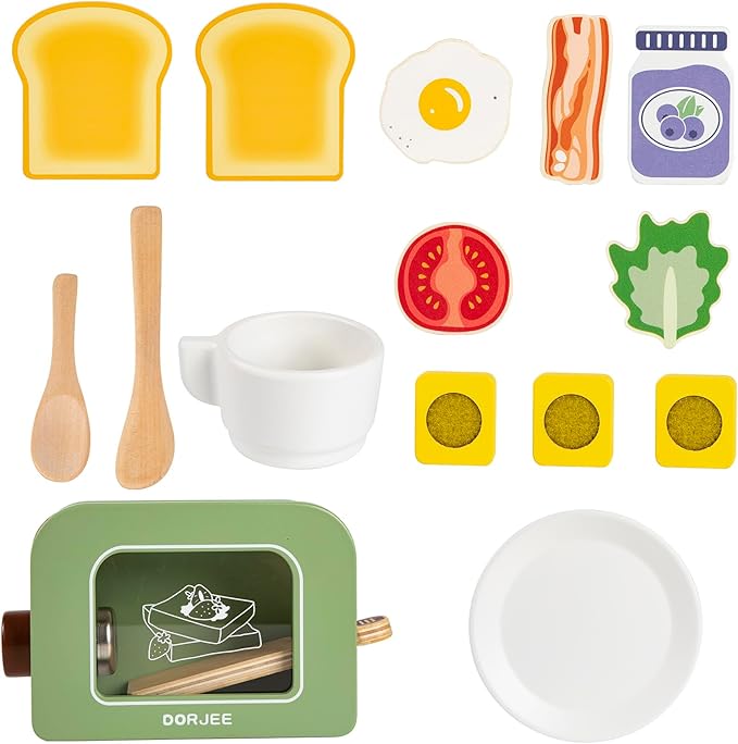 Dorjee Wooden Pop Up Toaster Set 15 Pcs Play Kitchen Playset - Play Toaster Wooden Toy Food Kids Gift Girls & Boys Toddler