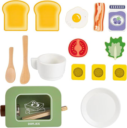 Dorjee Wooden Pop Up Toaster Set 15 Pcs Play Kitchen Playset - Play Toaster Wooden Toy Food Kids Gift Girls & Boys Toddler