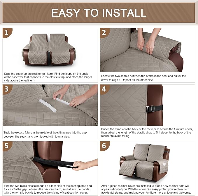 KinCam Waterproof Loveseat Recliner Cover, Non-Slip Reclining Couch Covers for 2 Seat, Recliner Sofa Cover Furniture Protector with Elastic Straps for Kids, Pets, Khaki