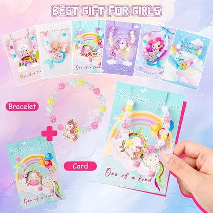 Valentines Day Gifts for Kids Classroom,Unicorn Valentines Cards for Kids School Girls, Princess Valentines Cards and Charm Bracelet, Mermaid Valentines Cards,Valentine Party Favors - 24 Packs