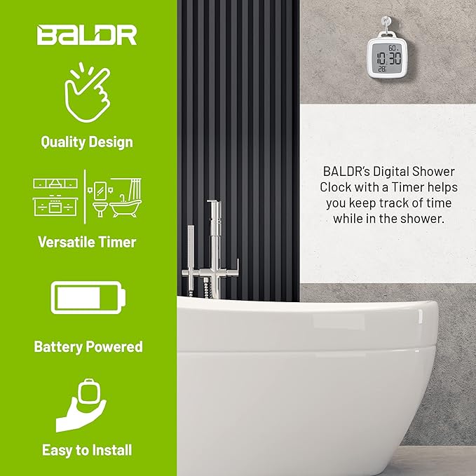 BALDR Digital Bathroom Clock with Timer - Waterproof Shower Clock with Time and Temperature - Waterproof Shower Timer for Kids and Adults - Bathroom Timer, Digital Shower Clocks for Bathroom