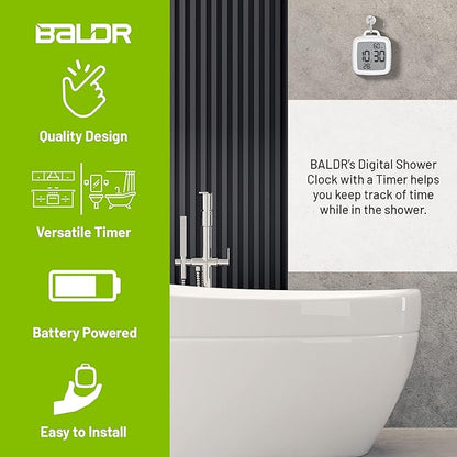 BALDR Digital Bathroom Clock with Timer - Waterproof Shower Clock with Time and Temperature - Waterproof Shower Timer for Kids and Adults - Bathroom Timer, Digital Shower Clocks for Bathroom