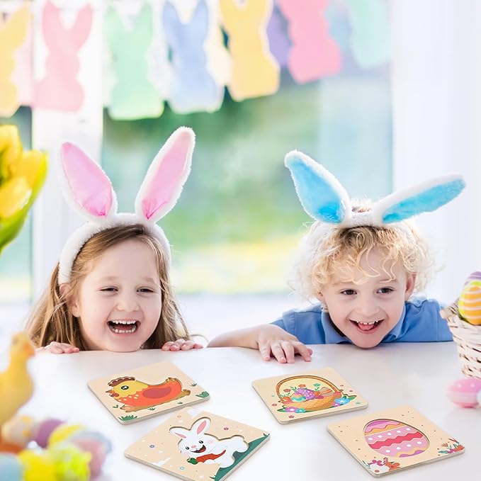 Easter Wooden Puzzles for Toddler - 4 Pack Basket Stuffers Fillers Puzzle Toys for Boys Girls, Jigsaw Learning Educational Gifts for Party Favors