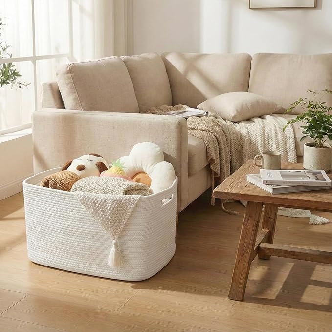JMvicyroam Woven Blanket Basket,65L Large Storage Bin for Blankets Toys Clothes,Decorative Rope Basket for Living Room Bedroom with Handles, White