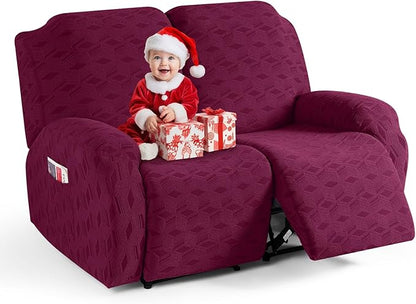TAOCOCO Recliner Loveseat Cover, Stretch Jacquard Reclining Loveseat Cover Furniture Protector Sofa Slipcovers 2 Seat Recliner Covers with Elastic Bottom for Kids, Pets (Burgundy)