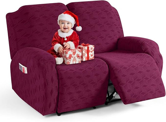 TAOCOCO Recliner Loveseat Cover, Stretch Jacquard Reclining Loveseat Cover Furniture Protector Sofa Slipcovers 2 Seat Recliner Covers with Elastic Bottom for Kids, Pets (Burgundy)