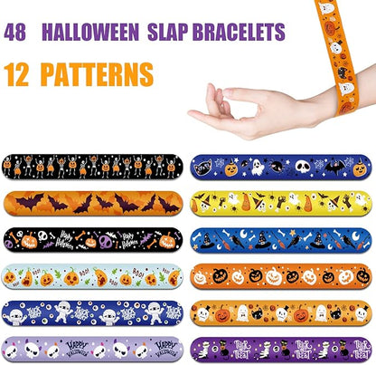 CCINEE 48pcs Halloween Slap Bracelets,Kids Snap Bracelet Wristbands with Assorted Bulk Pumpkin Zombie Skull Ghost Witches for Trick or Treat Gift Bag Filler Party Favors Toy Supplies