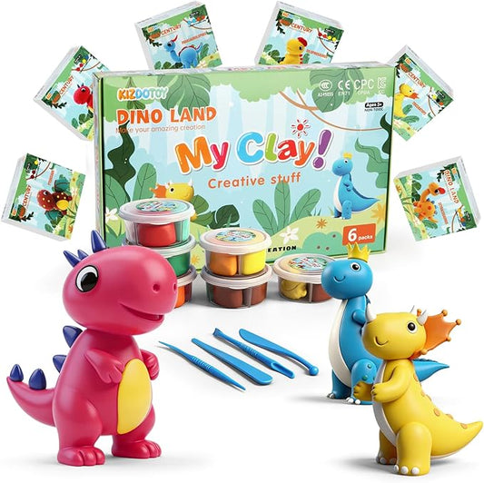 Air Dry Clay for Kids – 6 Packs Dinosaur Modeling Clay Kit with Tools & Tutorial, Non Sticky Molding Clay Set for Kids Arts and Crafts, Educational DIY Gifts for Boys & Girl Age 3+